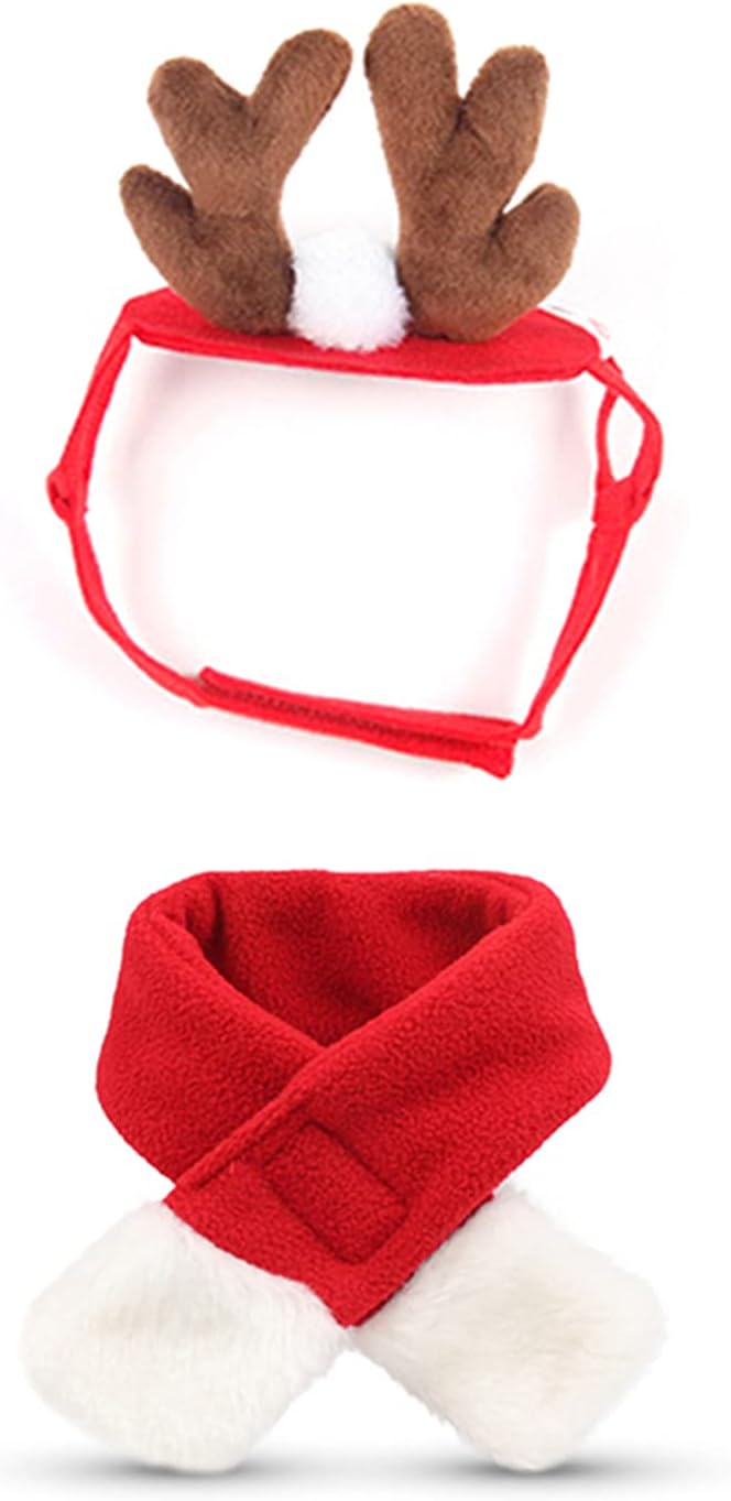Enjoying Pet Christmas Costumes for Cats Small Dogs, Cat Reindeer Antlers Headband with Xmas Scarf, Adjustable Doggie Reindeer Hat Santa Scarf, Kitten Christmas Outfit Cosplay