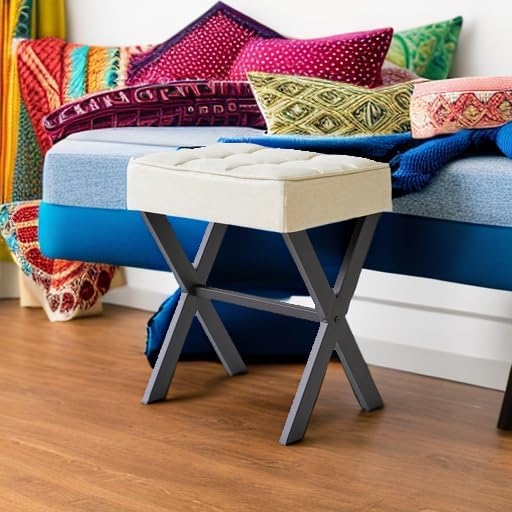 IBUYKE Square Makeup Stool with X-Leg Foot Rest, Linen Footrest, Ottoman Seat, Multi-Use as Small Side Table, for Bedroom, Living Room, Linen LG-70Y