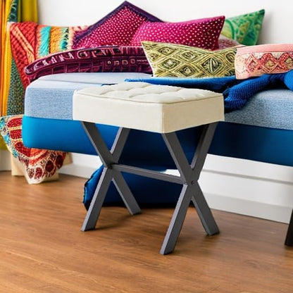 IBUYKE Square Makeup Stool with X-Leg Foot Rest, Linen Footrest, Ottoman Seat, Multi-Use as Small Side Table, for Bedroom, Living Room, Linen LG-70Y