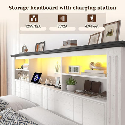 EnHomee Full Size Bed Frame with Headboard and Storage, 4 Drawers and LED Built in Charging Station Full Bed Frame with Storage Farmhouse,NO Noise,No Box Spring Needed,White