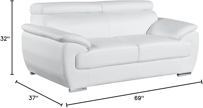 Blackjack Furniture 4571 Veal Collection Modern Genuine Leather Loveseat with Adjustable Headrest, Sturdy Wood Frame and Stainless Steel Legs, Stylish Living Room Love Seat, White