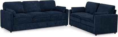 2 Pieces Chenille Sofa Set w/Arm Pillows, Upholstered Loveseat & 3 Seater Sofa w/Comfortable Back Cushions, Modern 2-Seat & 3-Seat w/High-Density Foam for Living Room, Apartment, Blue