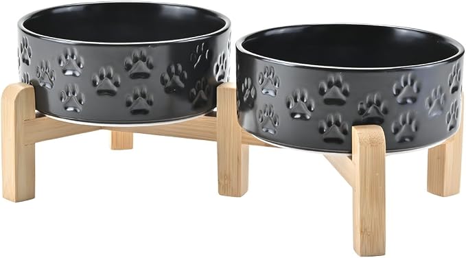 SPUNKYJUNKY Elevated Dog Bowls Ceramic, 5.1'' Dogs and Cat Food Water Bowls Raised with Non-Slip Bamboo Stand for Puppy Small Sized Breed Microwave Dishwasher Safe - 13.5 OZ,Paw Black