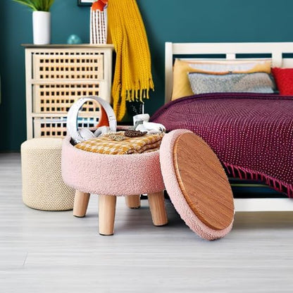 Wimarsbon Storage Ottoman, Modern Round Footrest with Soft Padded Seat, Teddy Velvet Footstool with Wood Legs, Accent Small Table or Plant Stand for Hallway, Living Room (Pink)
