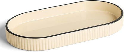 Preston Lane Signature Kitchen Ceramic Tray – Handmade in Portugal with Fluted Edges & Hand-Painted Trim – Decorative Organizer or Home Accent, Large, Alabaster