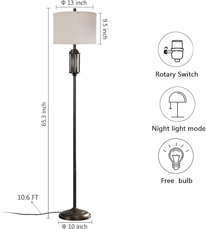 65'' Farmhouse Floor Lamp for Living Room with 2 Light Sources, Vintage Tall Standing Lamp with Frosted Acrylic Nightlight, Rustic Floor Light for Bedroom Office Corner, Bulbs Included