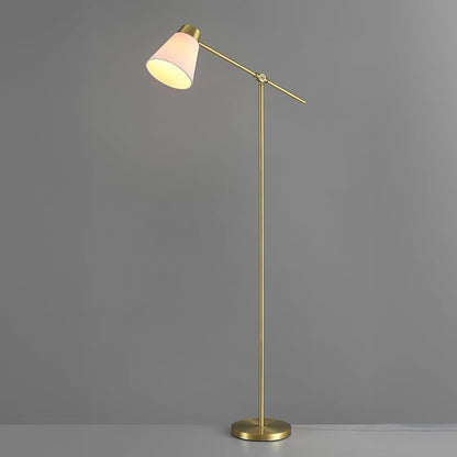 69" Floor Lamp, Swing Arm, Matte Brass Plated, White Tapered Fabric Shade, On/Off Rotary Switch on Socket, 5-Foot Clear Cord, 1-Light, 40W E26/Medium Base Bulb