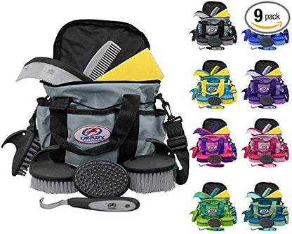 Derby Originals 9Piece Horse Grooming Set with Matching Nylon Carry Bag - Available in 8 Fun Colors, Grey & Black