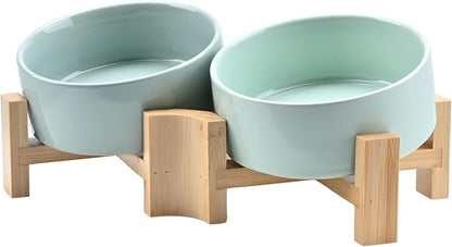 SPUNKYJUNKY 15° Slanted Ceramic Dog and Cat Bowl with Wooden Stand, Tilted Bulldog Food and Water Bowl No Slip Non-Spill for Cats Medium Dogs Big Face Pets 13.5 OZ (1.7 Cups, Morandi Green × 2)