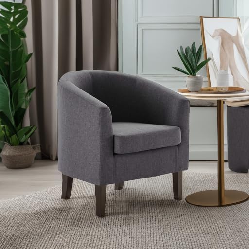 BELLEZE Living Room Chair, Linen Round Accent Barrel Chair, Club Tub Sofa Chair for Bedroom, Corner Chair with Flared Legs and Cozy Soft Padding - Highland (Gray)