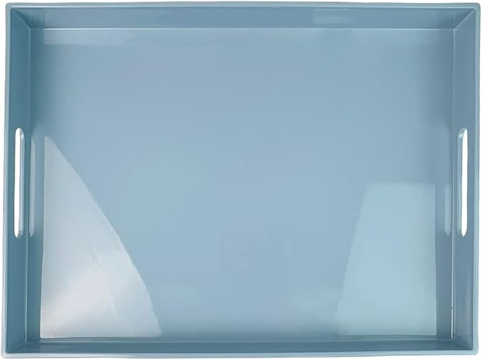 Light Blue Decorative Tray, Rectangular Large Serving Tray with Handles, Plastic Coffee Table Tray for Ottoman, Living Room, Kitchen Tabletop, 15.7” x 11.8” x1.6”
