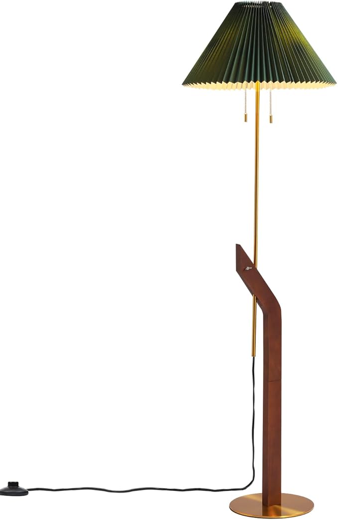 Floor Lamps for Living Room,Mid Century Modern Wood Floor Lamp,Height Adjustable Study Room,Bedroom,Office Vintage Tall Standing Glod Floor Lamp,Green Pleated Lampshade