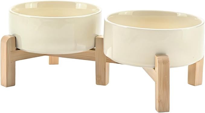 SPUNKYJUNKY Elevated Dog Bowls Ceramic, 5.1'' Dogs and Cat Food Water Bowls Raised with Non-Slip Bamboo Stand for Puppy Small Sized Breed Microwave Dishwasher Safe - 13.5 OZ,Beige