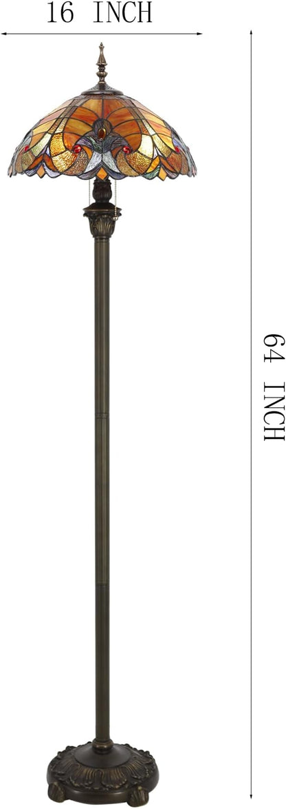 WERFACTORY Tiffany Floor Lamp Red Brown Liaison Stained Glass Standing Reading Light 16X16X64 Inches Antique Pole Corner Lamp Decor Bedroom Living Room Home Office S160R Series