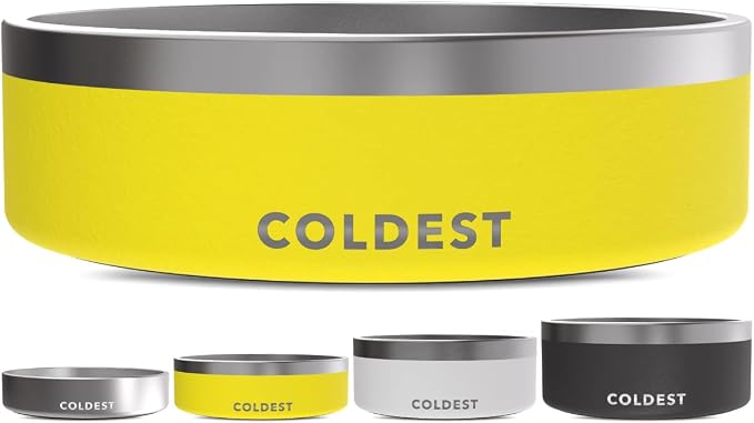 Coldest Dog Bowl - Anti Rust Metal, Non Slip, 3 Layers Insulated Stainless Steel Dog Bowls - Spill Proof & Heavy Duty - Water Bowl for Dogs, Cats & Pets, Dish Washer Safe (42 oz, Solar Yellow)
