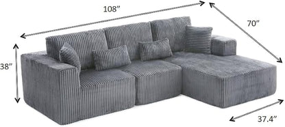 108" Boneless Cloud Sectional Couches for Living Room, Comfy Fluffy L Shaped Memory Foam Deep Seat Boneless Couch, Modular Sectional Sofa with Right Facing Chaise, Dark Grey