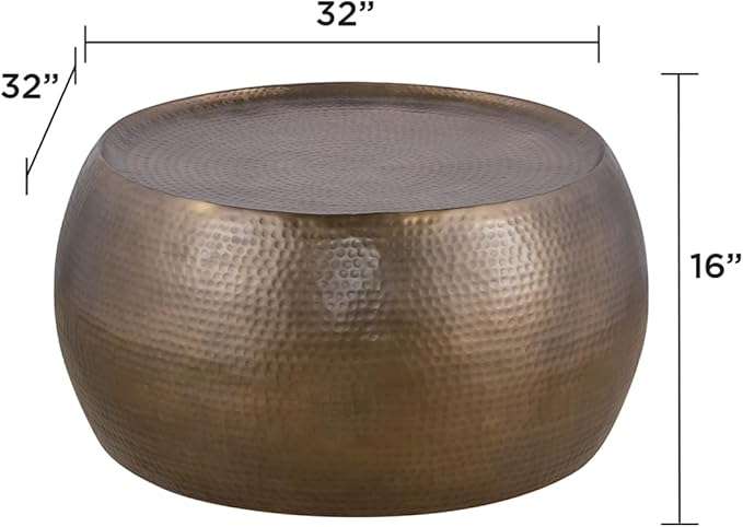 CT501 Modern Contemporary Round Aluminum Material 32" Coffee Table, Farmhouse Table with Glossy Hand Hammered Design Antique Gold