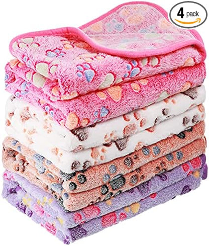 Tatuo 4 Pack Fleece Dog Blankets for Puppy Cats Multi-Size Sleep Mat for Pet Guinea Pig Soft Washable Warm Crate Bed Puppy Teething Toys Print Pattern Blanket Indoor(Mixed Color,30 x 20.5 Inch,Paw)