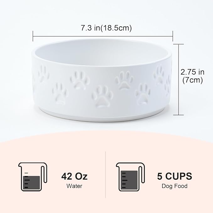 SPUNKYJUNKY Ceramic Dog Bowls 2 Pack, 7.3'' Dog Food Water Double Feeding Bowls Non-Slip for Medium to Large Sized Breed Microwave Dishwasher Safe - 42 OZ, 2pcs, Paw White