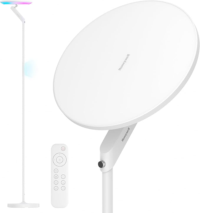 Honeywell 3000LM LED Floor Lamp, Torchiere Floor Lamps with Remote Control, F2 Sunturalux™ 40W Eye-Caring Reading Light, 2700-5000K 6 RGB Modes RGB Standing Lamp for Bedroom Living Room Office White