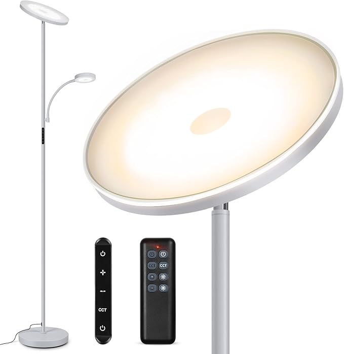 OUTON LED Floor Lamp, 27W/2400LM Torchiere Lamp & 7W/ 400LM Reading Lamp, Bright Dimmable Standing Tall Lamp with 4 Color Temperature, Remote Touch Control for Living Room Bedroom Office, Silver Grey