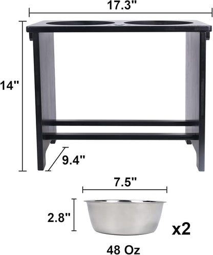 HTB Elevated Dog Bowl Stand with 2 Stainless Steel Bowls-14 H X-Large Black | Raised Dog Bowl Stand, 14"tall, 48 Oz Bowls, for Large Sized Dogs, Pet-safe, Solid Bamboo