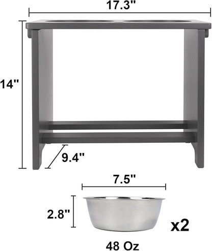 HTB Elevated Dog Bowl Stand with 2 Stainless Steel Bowls-14 H X-Large Grey | Raised Dog Bowl Stand, 14"tall, 48 Oz Bowls, for Large Sized Dogs, Pet-safe, Solid Bamboo