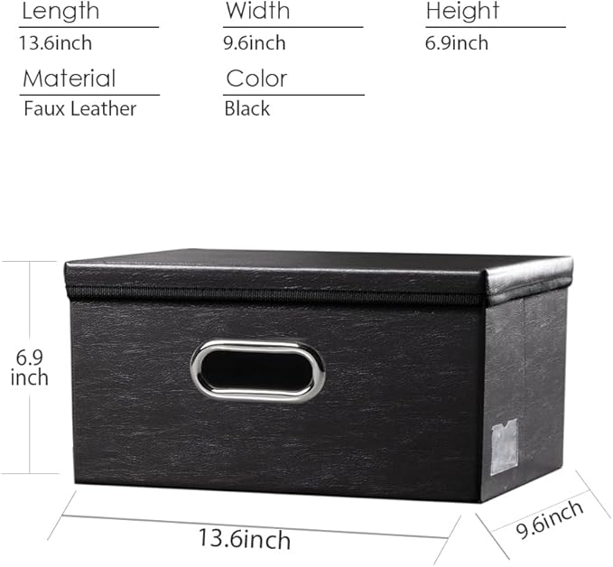 PRANDOM Collapsible Storage Box with Lid [3-Pack] Leather Fabric Foldable Storage Bin Organizer Container Basket Cube with Cover for Home Bedroom Closet Office Nursery Black(13.6x9.6x6.9)