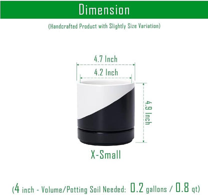 D'vine Dev 4.7 Inch Ceramic Planter Pot, Black White Diagonal, 94-O-B-K | Modern Cylinder Design, Drainage Hole & Saucer Included, Stable Structure, Elegant Home Accent