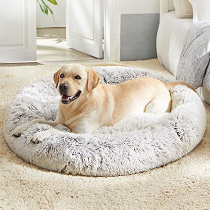Western Home Calming Donut Large Dog Bed Pet Bed,36" White Khaki | Fluffy Faux Fur Round Cuddler,Anti-Anxiety,Anti-Slip Bottom,Plush Round Pet Dog Beds for Large Sized Dogs,Up to 80 LBS