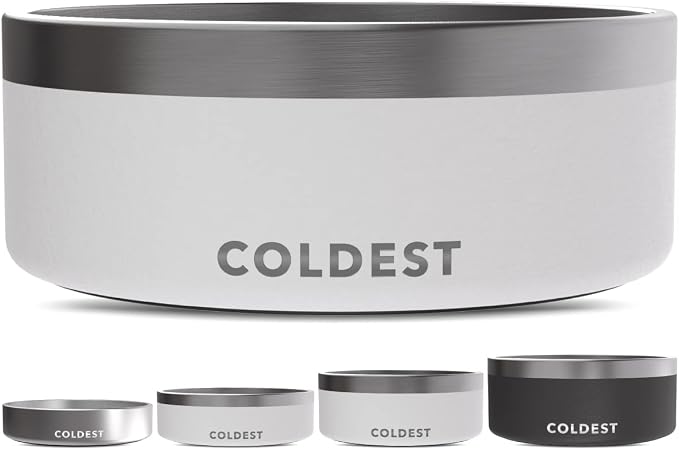 Coldest Dog Bowl - Anti Rust Metal, Non Slip, 3 Layers Insulated Stainless Steel Dog Bowls - Spill Proof & Heavy Duty - Water Bowl for Dogs, Cats & Pets, Dish Washer Safe (64 oz, Epic White)