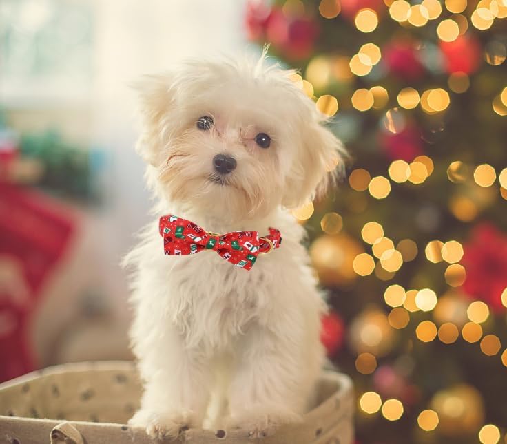 Unique Style Paws Christmas Day Dog Collar with Bow Christmas Tree Cotton Puppy Collars for Small Medium Large Dogs