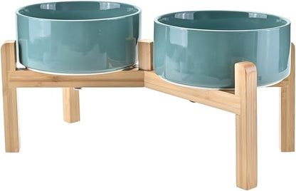 SPUNKYJUNKY Elevated Dog Bowls Ceramic, 7.3'' Dogs Food Water Bowls Raised with Non-Slip Bamboo Stand for Medium to Large Sized Breed Microwave Dishwasher Safe - 42 OZ,Dark Green