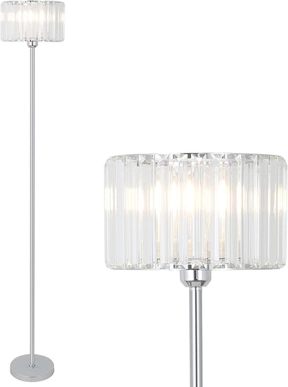 HMVPL Crystal Floor Lamp, Chrome Pole Floor Lamp with K9 Crystal Shade, Silver Standing Lamp with On/Off Switch, Modern Corner Tall Lamp for Living Room Bedroom Nursery Office Home Decor