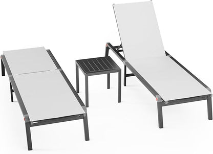 WOAJNQO Aluminum Patio Chaise Lounge Chair Set of 2 with Side Table,5-Position Adjustable Backrest,Foldable Lounge Chair Outdoor,Pool Lounge Chairs for Poolside,Lawn,Deck,Beach (White, 2 Pack+Table)