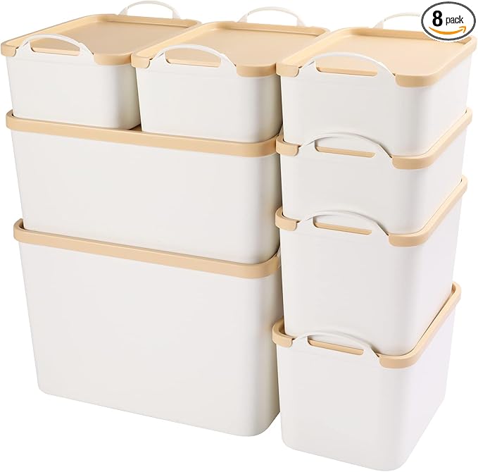 ANMINY 8PCS All-in-One Lidded Plastic Storage Bins Set White Desk Basket Box Drawer Organizer Kitchen Food Container with Handles Removable Lids Decorative Clothes Laundry Closet Cabinet Shelf Cube
