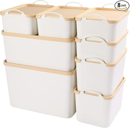 ANMINY 8PCS All-in-One Lidded Plastic Storage Bins Set White Desk Basket Box Drawer Organizer Kitchen Food Container with Handles Removable Lids Decorative Clothes Laundry Closet Cabinet Shelf Cube