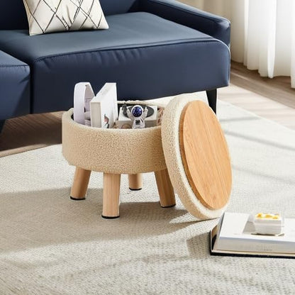 Wimarsbon Storage Ottoman, Modern Round Footrest with Soft Padded Seat, Teddy Velvet Footstool with Wood Legs, Accent Small Table or Plant Stand for Hallway, Living Room (Off-White)