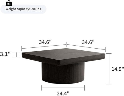 Modern Square Coffee Table with Cylindrical Base, Wood Coffee Table with Parquet Pattern & Thickened Tabletop, Center Table Tea Table for Living Room Apartment, 34.6''L×34.6''W×14.9''H, Black