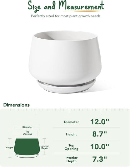 LE TAUCI Ceramic Planters, 12 Inch Pots for Plants, Plant Pots with Drainage Holes and Saucers, Durable and Modern, Planters for Indoor Plants, White