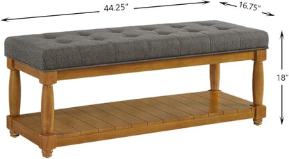 24KF Large Rectangular Upholstered Tufted Bed Bench, Linen Fabric Storage Ottoman Bench for Living Room, Padded Entryway Bench with Solid Wood Shelf,5098-Granite