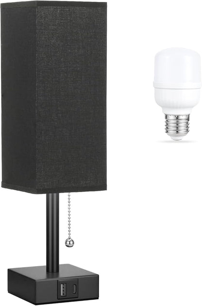 Black Small Table Lamp for Bedroom - 3 Color Temperature 3000K 5000K 4000K Bedside Lamp, Pull Chain Control, USB A and C Charging Ports, Black Base, for Kids Office Dorm Nightstand, Bulb Included