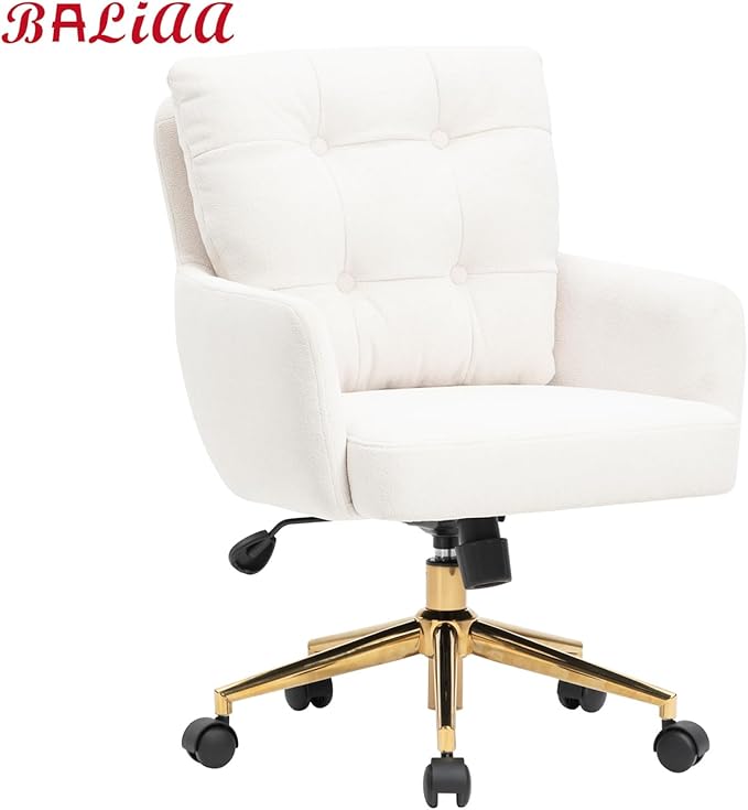 BALIAA Flannel Office Chair Vanity Chair Comfy Home Office Desk Chairs with Lumbar Support, Modern Plush Fabric Desk Gold Legs Swivel Task for Home Office Bedroom Study White Upgraded Version