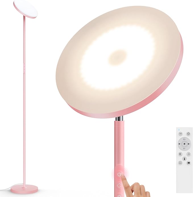 Pink Dimmable Floor Lamp, Bright 36W 3500LM Standing Lamp with Remote Touch Control, 2700K Soft White to 6500K Cool White Adjustable, LED Torchiere Tall Light for Living Room,Bedroom,Office,Sofa