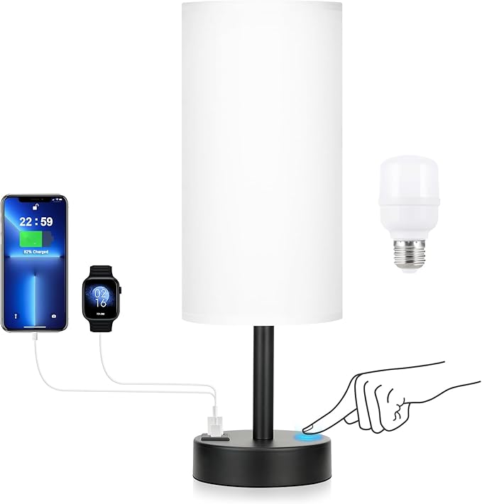 Bedside Touch Table Lamps for Bedroom Nightstand with USB-C USB-A Charging Ports White, 3 Way Dimmable Small Lamp Fabric Shade Black Base for Office, Living Room, Dorm Room Reading