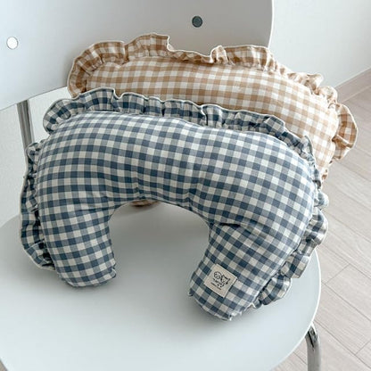 MOM N POP Pet Nap Pillow – Washable Gingham Check Cushion for Dogs & Cats, Soft Neck Support Bed (Beige/Blue) (Blue)