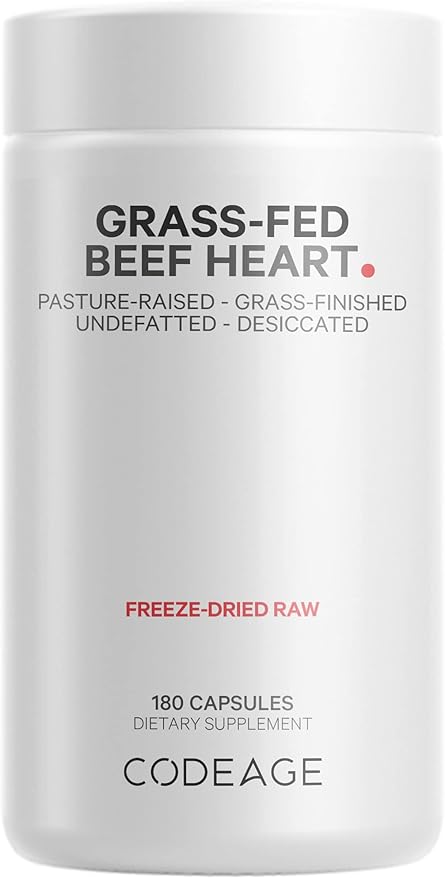 Codeage Grass Fed Beef Heart Supplement - Freeze Dried, Non-Defatted, Desiccated Glandular Supplements - Bovine Meat & Liver Pills - Beef Vitamins for Heart - Non-GMO -180 Capsules