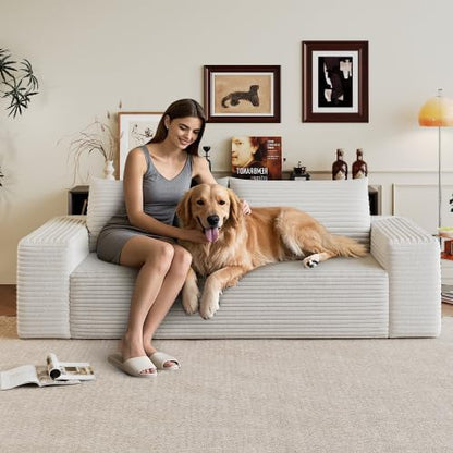 Cloud Loveseat Sofa, Modern Corduroy 2-Seater Couch with Deep Seat, No Assembly Required Memory Foam Sofa, Boneless Sofa in a Box for Bedroom, Apartment, Office,Small Space (White,63in)