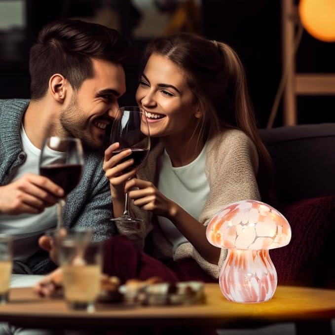 Glass Mushroom Table Lamp, 5.9" Cute LED Night Light for Home Decor, Battery Operated (3 AA), Modern Ambient Light for Living Room Bedroom Office Light Pink