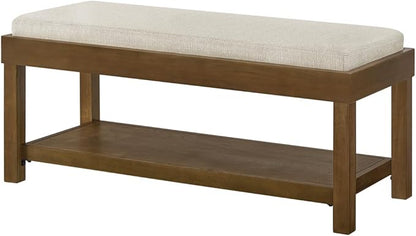24KF Large Rectangular Storage Bench,Upholstered Seat Cushion,Ottoman Coffee Table with Ivory Removable Cushion for Living Room,Entryway Bench Bed Bench with Solid Wood Shelf,5069-Ivory